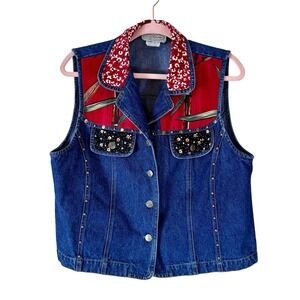 Stonebridge Denim Vest Women's Large Petite Dark Blue Red Floral Prints Eclectic